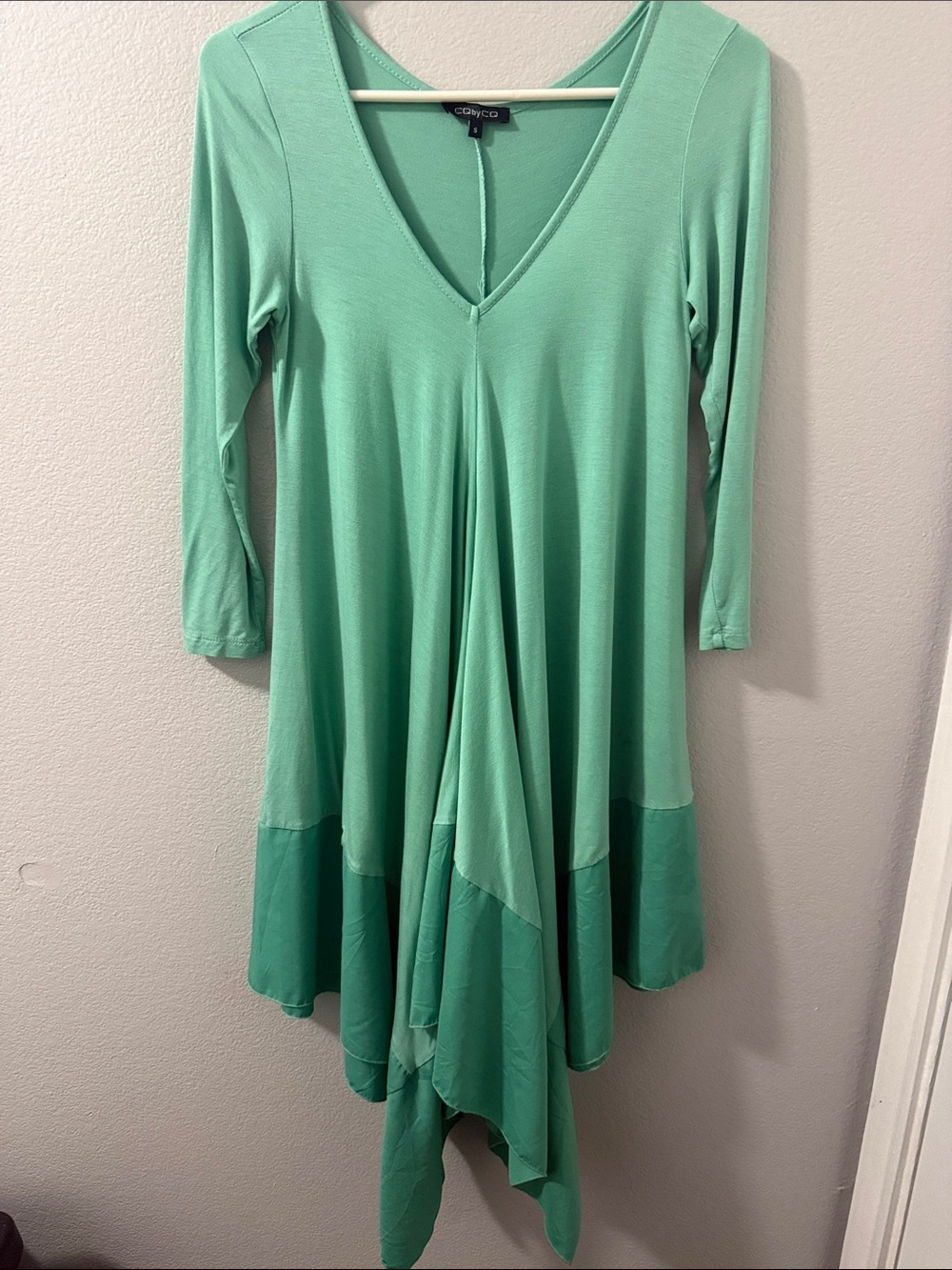 Mint Green Flowing V-Neck Handkerchief Hem Dress